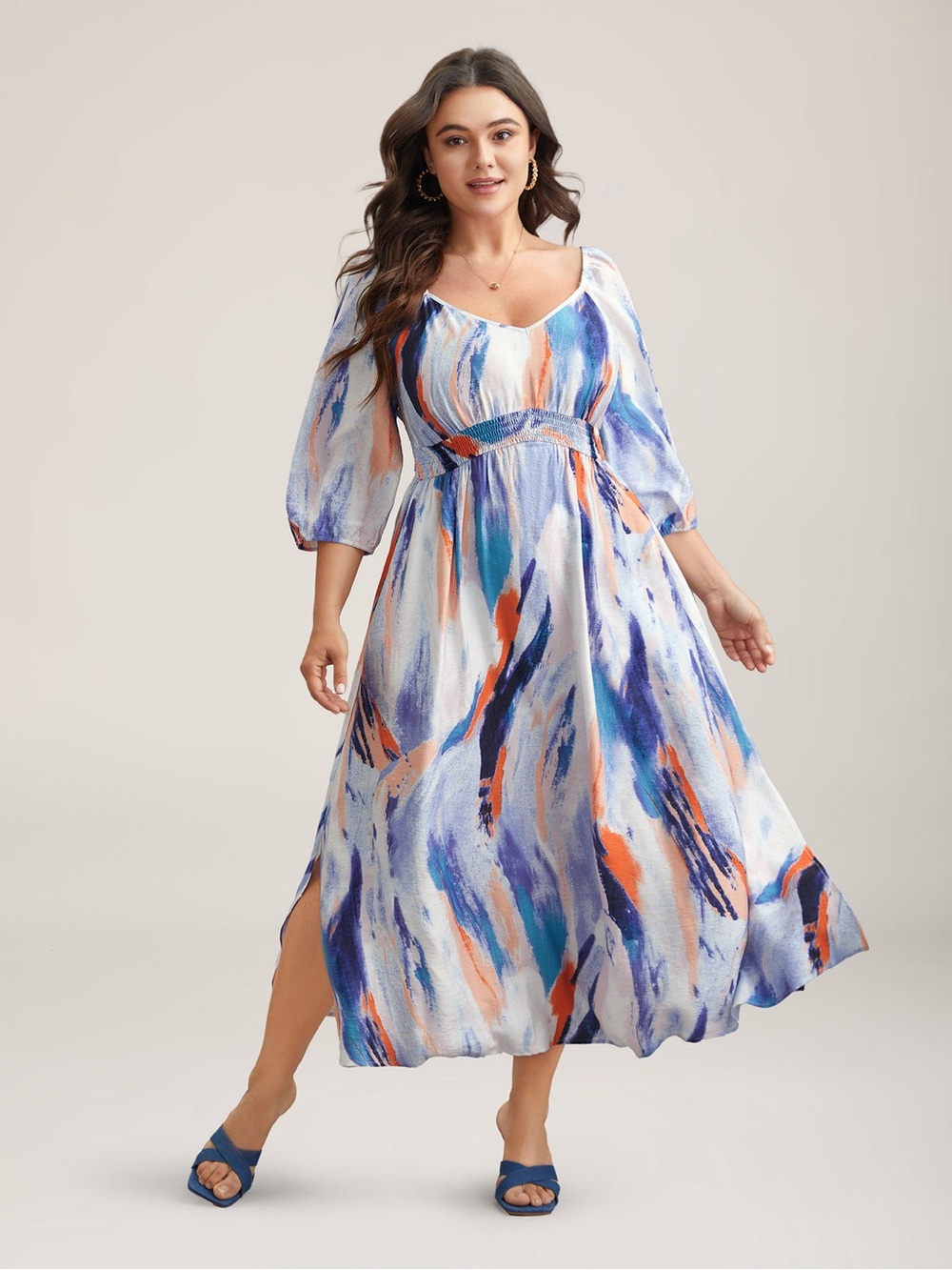 Boomchic Size 12 New Abstract Print Waist-Cinched Split Hem Maxi Dress